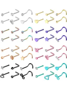 48Pcs 20G Nose Rings for Women Men Mix Color Stainless Steel Nose Studs Set Gold Black Corkscrew L-Shaped Nose Piercing Pack Nose Piercing Jewelry