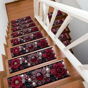 6/8/15 Piece Stair Mat Set, Luxury Floral Ruby Pearl Rug Set, Non-Slip Rubber Bottom, Indoor Outdoor Stair Mat, Perfect Home Decor for Kids Elderly Pets