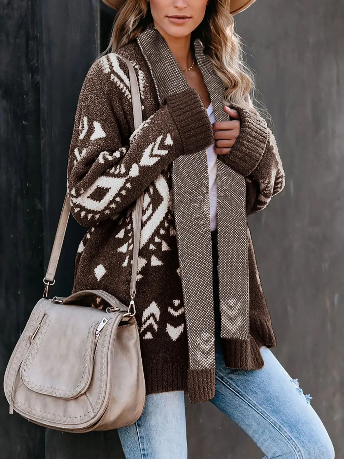 Women's Ethnic Style Geometric Pattern Knitted Cardigan Sweater, Casual Fashion Long Sleeve Pullover for Fall & Winter