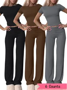 Women's Solid Color Round Neck Tee & Flare Leg Pants Set, Casual Short Sleeve T-shirt & Bell Bottom Trousers for Daily Wear, 2 Piece Sets Women, Ladies Summer Clothes,Airport Outfit