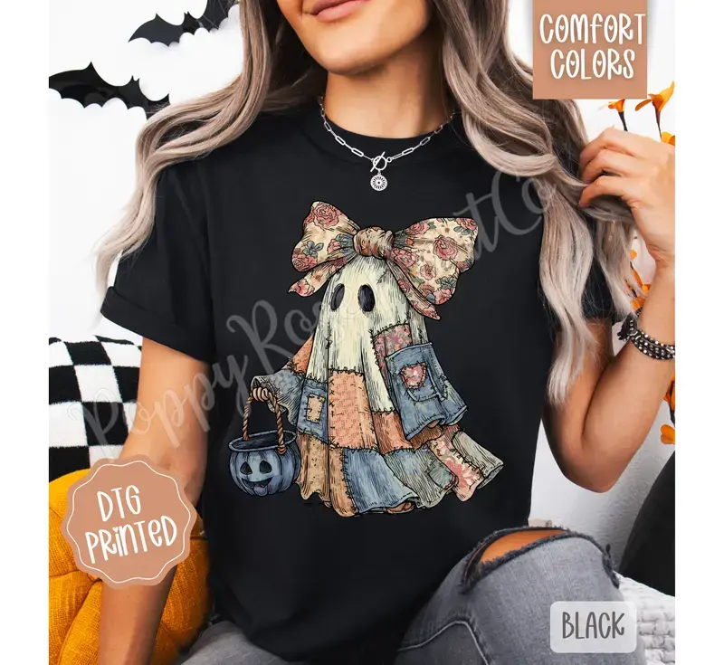 Patchwork Ghost Cotton T-shirt, Trendy Women's Halloween Tshirt, Washed T-shirt, halloween Sweatshirt, halloween Hoodie, for men, for women, for child