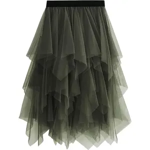 Tulle Skirts for Women Midi Long Fairy Skirt Tutu A-Line Mesh Layered High Elastic Waist Halloween Skirts Womenswear Bottom Basic Fitted Minimalist W-Army Green