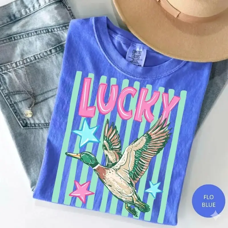 Comfort Colors Lucky D4ck Shirt, Mallard Duck Graphic Tee, Retro Coastal Preppy Striped T-Shirt, Funny Animal Gift for Her