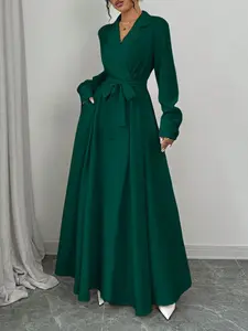 Elegant Chic Commuter Everyday Notched Collar Long Sleeve A-Line Dress with Pockets, Waist Belt Included, Women's Office Wear Workwear Formal Wear, Womenswear