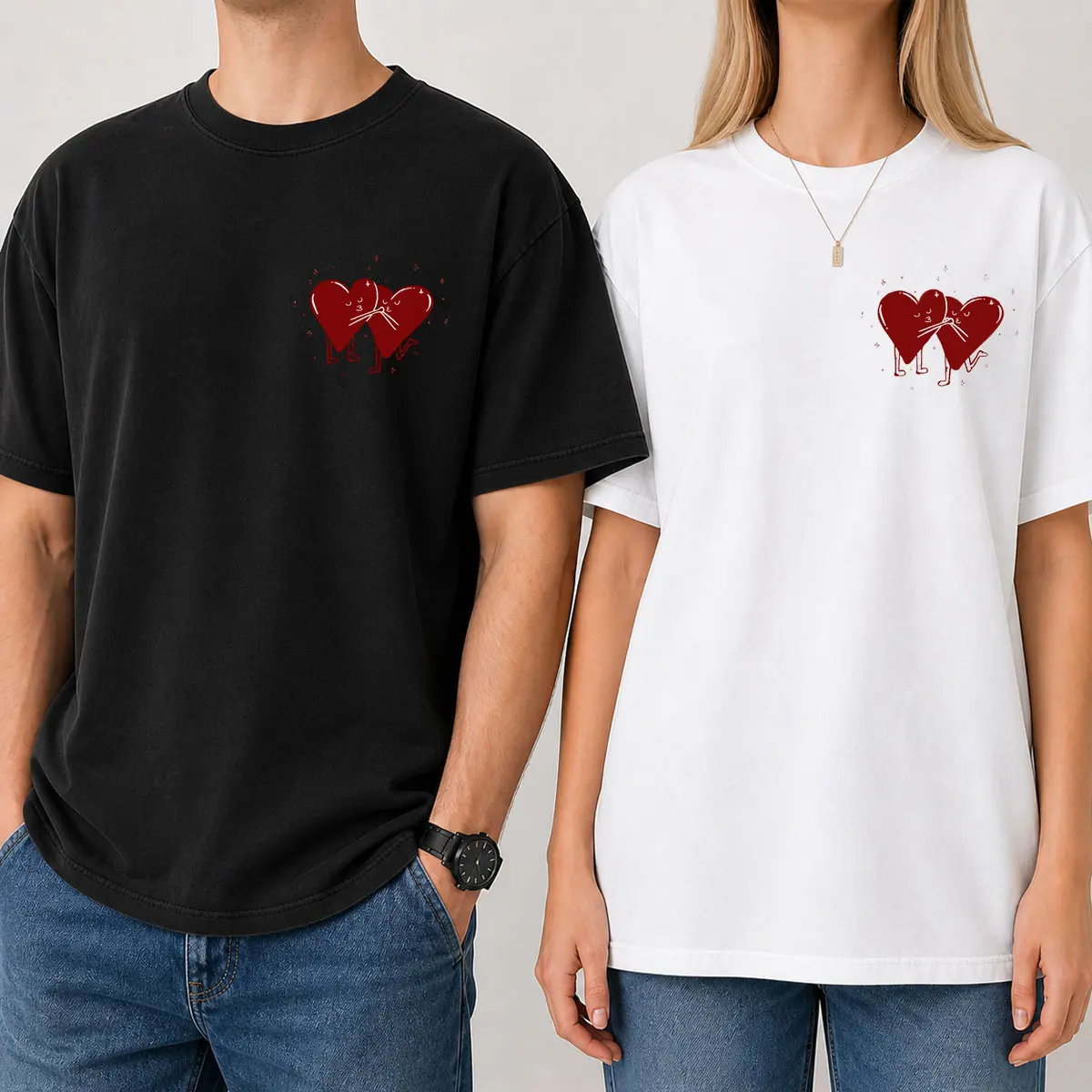 [100% Cotton] Kissing Hearts Matching Couple T-Shirt, Cute Heart Pocket Graphic Tee Set, Romantic Boyfriend Girlfriend Shirt, Kissing Hearts Couple Tees, Valentine Anniversary Gift For Couples