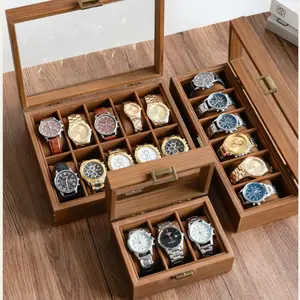 Watch Box with 12 Compartments, Country Style Walnut Wood Two-Layer Watch Case, Glass Lid, Elegant Watch Collection Organizer