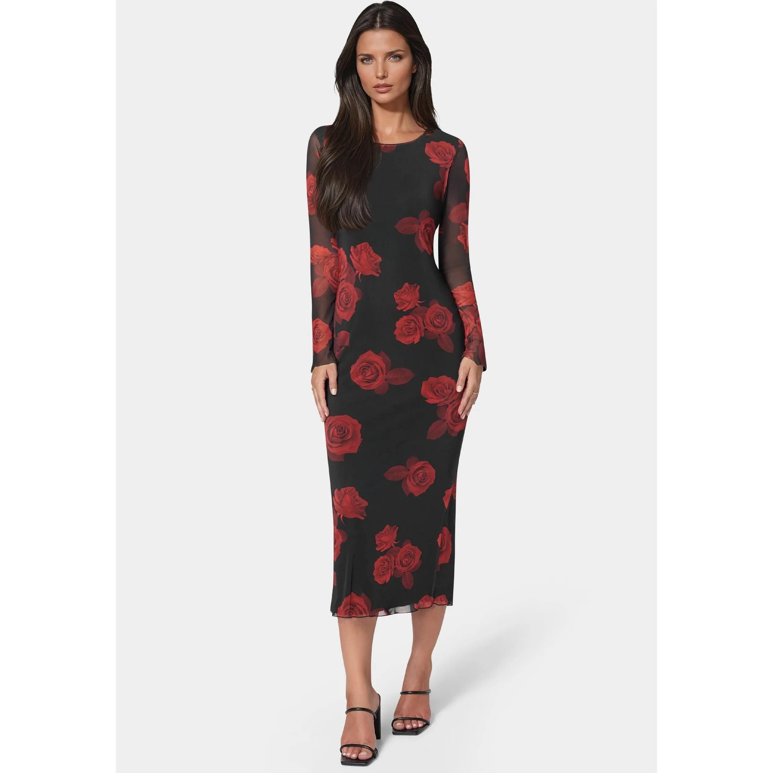 Long Sleeve Printed Powermesh Maxi