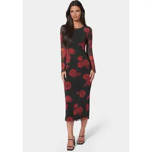 Long Sleeve Printed Powermesh Maxi