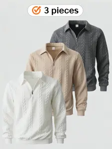 This 3-piece men's half-zipper lapel, Collared knitted jacquard sweatshirt is made of soft fabric, features jacquard design, regular long-sleeved, can be layered, suitable for casual daily wear in autumn and winter Knitwear