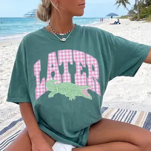 Gingham Later Gator Shirt Preppy Clothes Teens Oversized Summer Graphic Tee Trendy Crocodile Tee Comfort Colors Preppy Vacation Tee