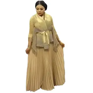 Summer Autumn Clothes Gradient Women's Africa Set Full Sleeve Tassel Belt Blouse Shirt Pleated Long Skirts Suit Street Two 2 Piece Set Outfit Check Women'swear Light Gamis Basic Minimalist