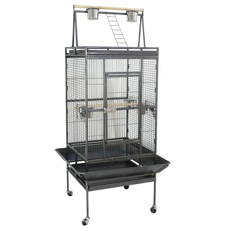 Pet Republic 68-in Durable Iron Rolling Metal Bird Cage - 2-in-1 Playtop Roof, Rolling Stand with 360° Smooth Roll Casters, 5-Bowl Feeding Set, Secure Lock, Tall Powder-Coated Weather-Ready Iron Design, for Small/Medium Parrots, Black, Parrot Supplies