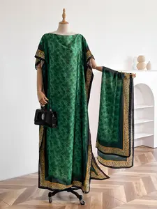 Summer Elegant Lightweight Floral Maxi Dress Set with Scarf Headband, Casual Woven Fabric, Thin, Breathable Design, Perfect for All Seasons, Beach & Sun Protection