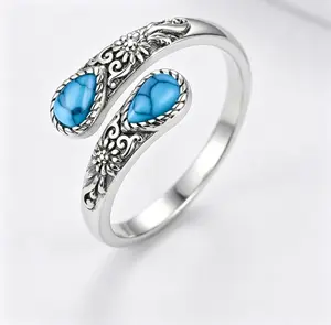 Women's Retro Boho Daisy Flower Adjustable Ring with Turquoise Waterdrop Inlay - Hypoallergenic, Accessories for Women, Vintage, Goth, Colorful Statement Jewelry - Outdoor Fun Gift, Vintage Rings