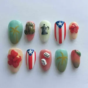 USA Press On Nails | Puerto Rico Flag & 3D Tropical Icons | Colorful Glossy Almond Nails for Summer Party Vibes