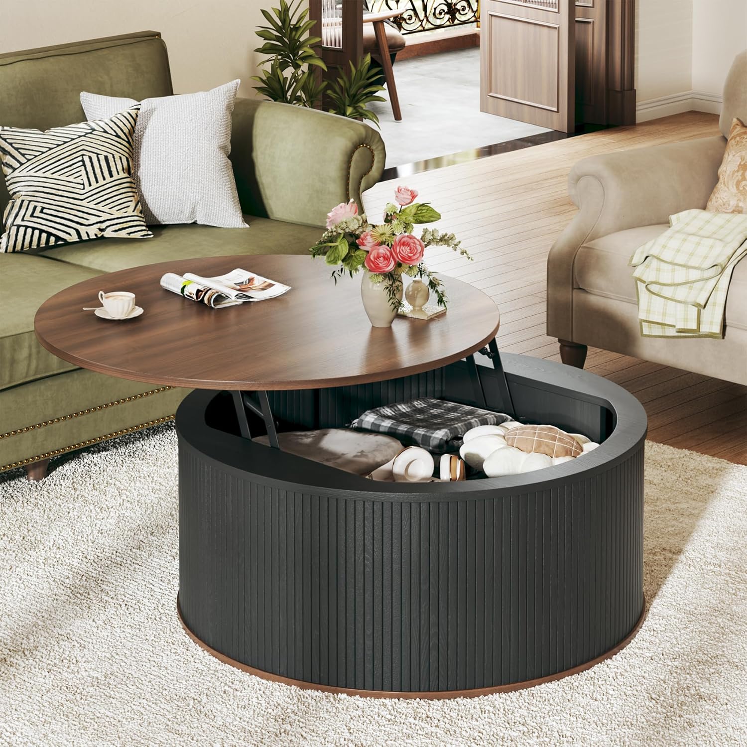 Round Coffee Table with Storage, 31.5" Lift Top Coffee Table, Mid Century Modern Coffee Tables for Living Room, Apartment Office, Fluted Table with Rustic Wood Desktop Round Coffee Table with Storage, 31.5" Lift Top Coffee Table, Mid Century Modern Coffee Tables for Living Room, Apartment Office, Fluted Table with Rustic Wood Desktop