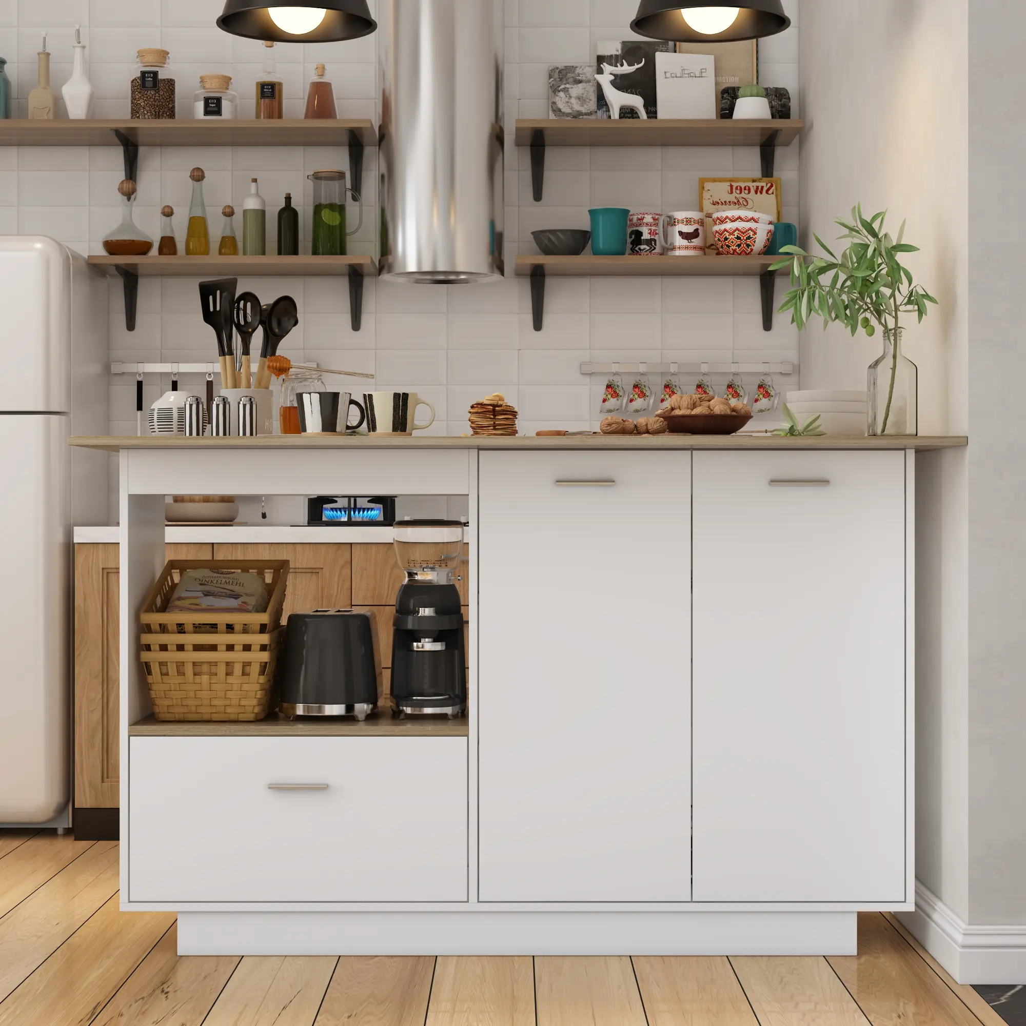 FUFU&GAGA 59.1" L Kitchen Island with Brown Counter Top, Wood Prep Table Stationery Storage Cabinet for Dining Room