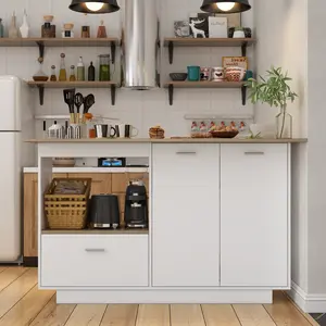 FUFU&GAGA 59.1" L Kitchen Island with Brown Counter Top, Wood Prep Table Stationery Storage Cabinet for Dining Room