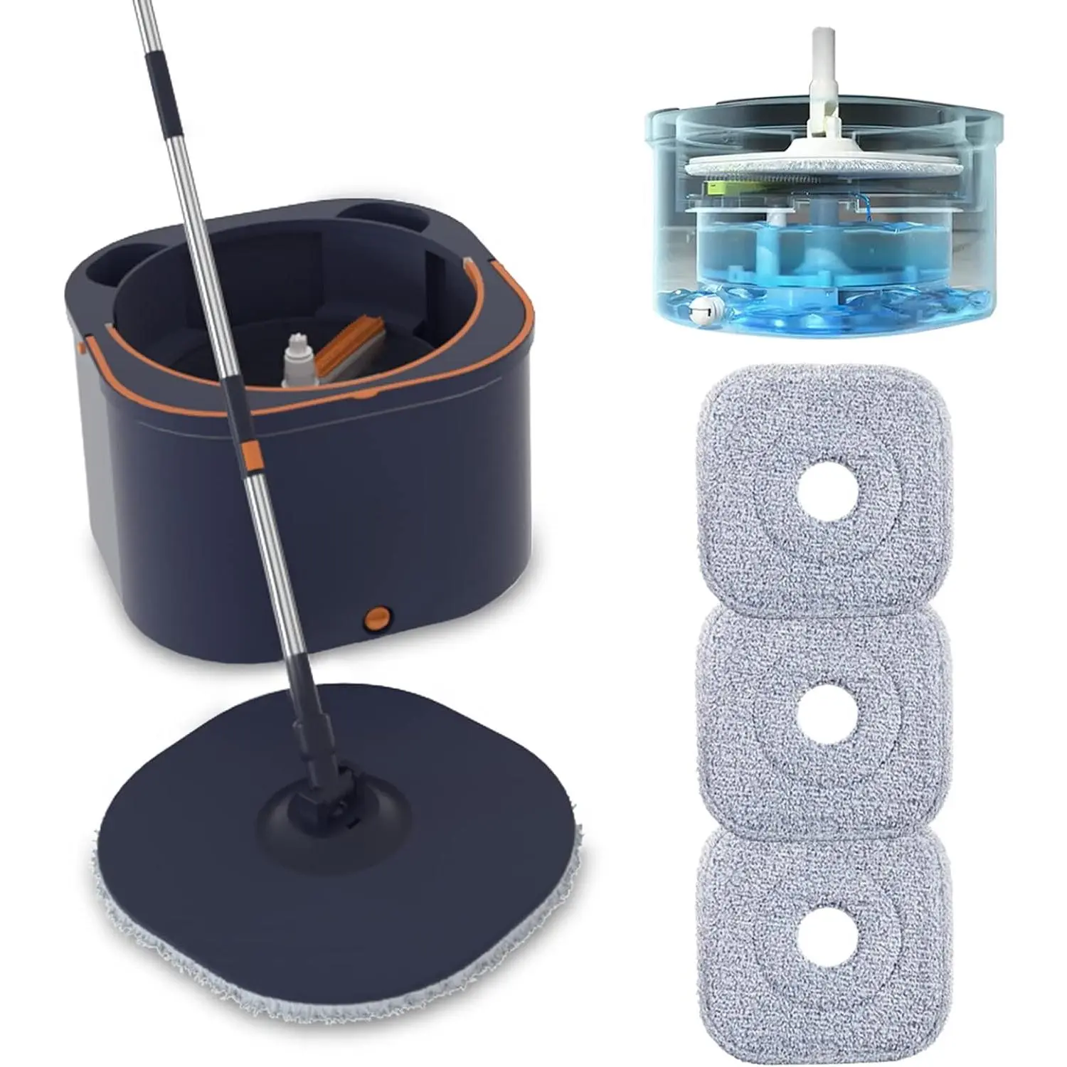 Flat Floor Mop and Bucket System Set with Wringer, Spin Mop and Bucket Separate Clean and Dirty Water with Self Separation for Hardwood, Laminate, Tile, Floor Cleaning, Wet and Dry Use, Navy Blue