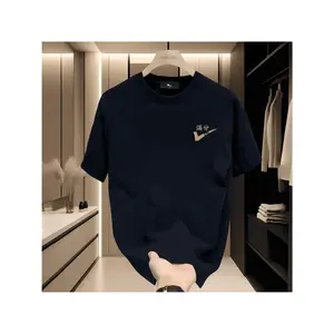 Unisex 200g 100% Cotton Navy Blue Geometric Print T-Shirt - Casual Fit, Breathable, Machine-Washable Round Neck Sporty Sports Top for Spring & Summer Outdoor Streetwear