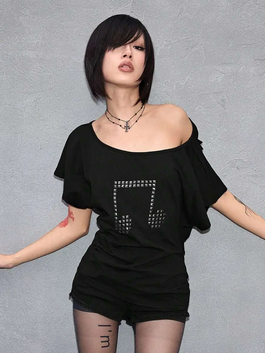 Y2K Punk Cross Rivet Design Laser Cut Loose T-Shirt