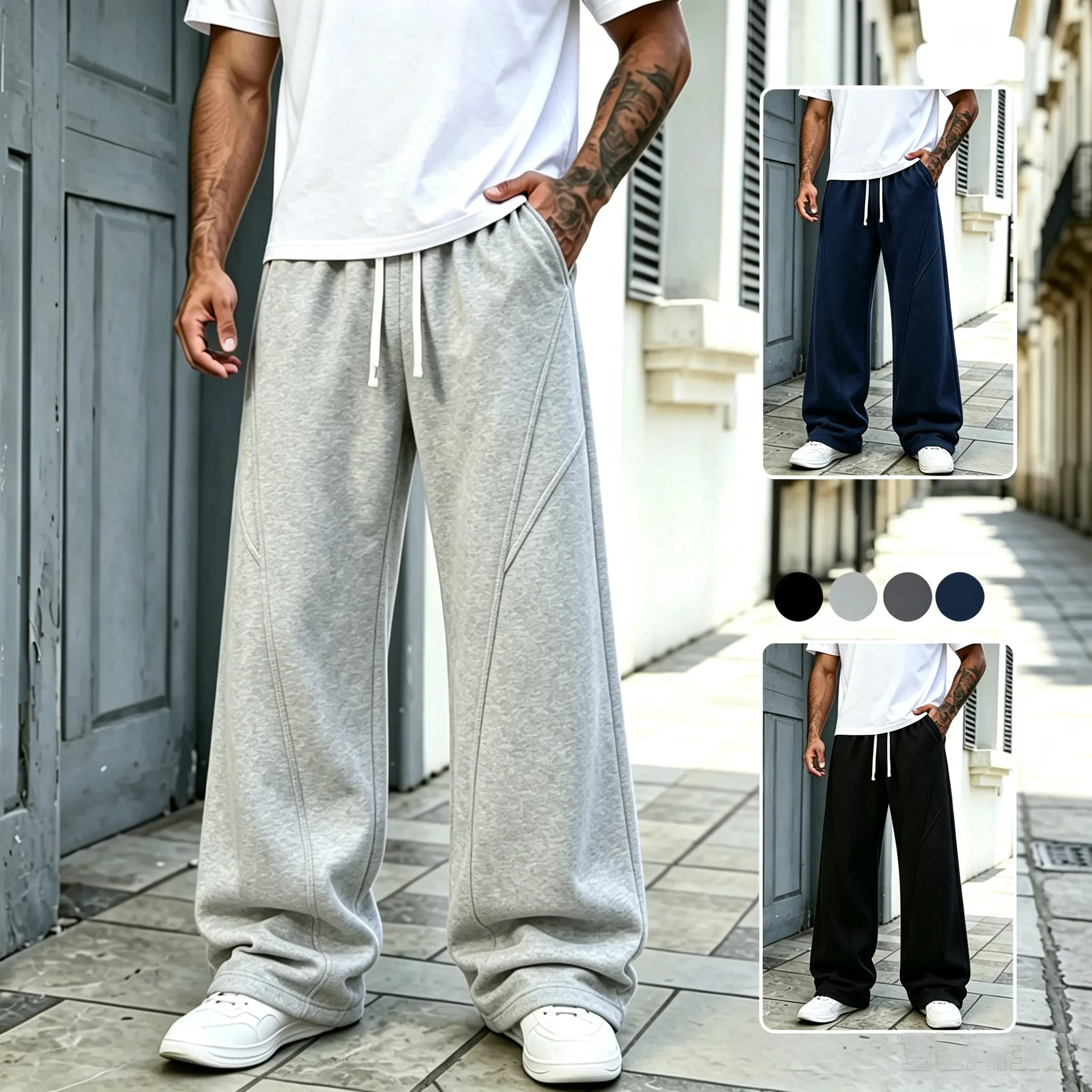 Men’s patchwork sweatpants made from soft cotton fabric, featuring a wide, slightly flared cut that smooths out thicker legs and optimizes body proportions for everyday streetwear; new minimalist, clean-style casual design, baggy sweatpants.