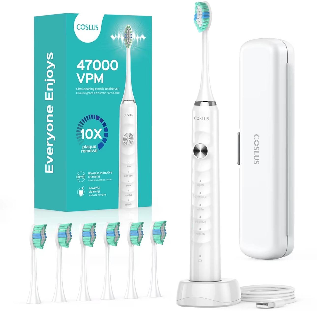 6 Replacement Brush Heads Electric Toothbrush with 47,000 VPM and 10x Cleaning Power - Cleansing, Wireless Charging, IPX Waterproof