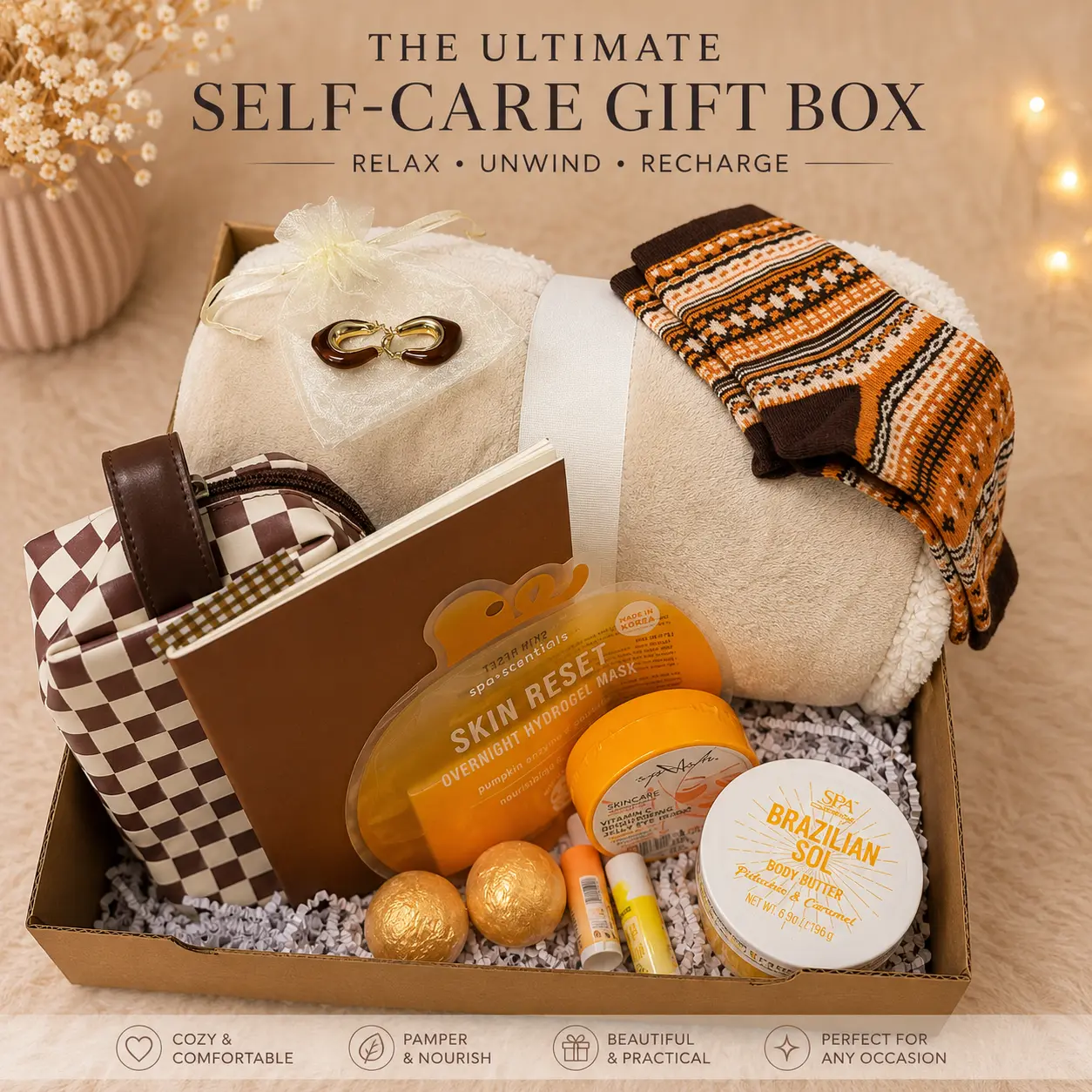 Cozy Self Care Gift Box for Her – Plush Blanket, Socks, Cosmetic Bag & Spa Gift Set