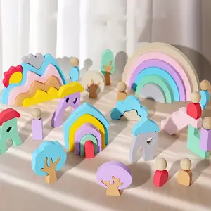 Hatwoo Wooden Building Blocks Toy,  Rainbow Wooden Building Stacking Blocks - Rainbow, Monster, Tree, House, Mountain Landscape Construction Toy | Parent-Child Interactive Learning, Educational Birthday & Christmas Gift materials
