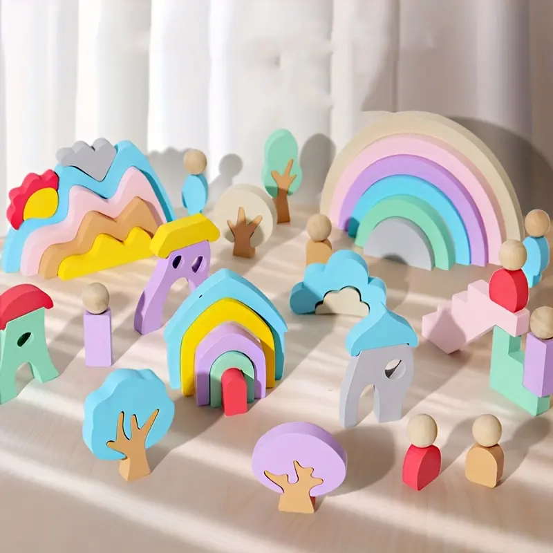 Hatwoo Wooden Building Blocks Toy,  Rainbow Wooden Building Stacking Blocks - Rainbow, Monster, Tree, House, Mountain Landscape Construction Toy | Parent-Child Interactive Learning, Educational Birthday & Christmas Gift materials, 3D Buildings, Building B