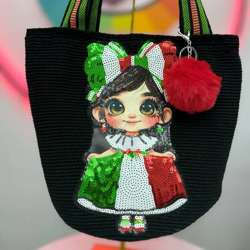 Handmade Mexican Doll Wayuu Tote Bag | Sequin Crochet Shoulder Bag | Cute Mexican Artisan Handbag