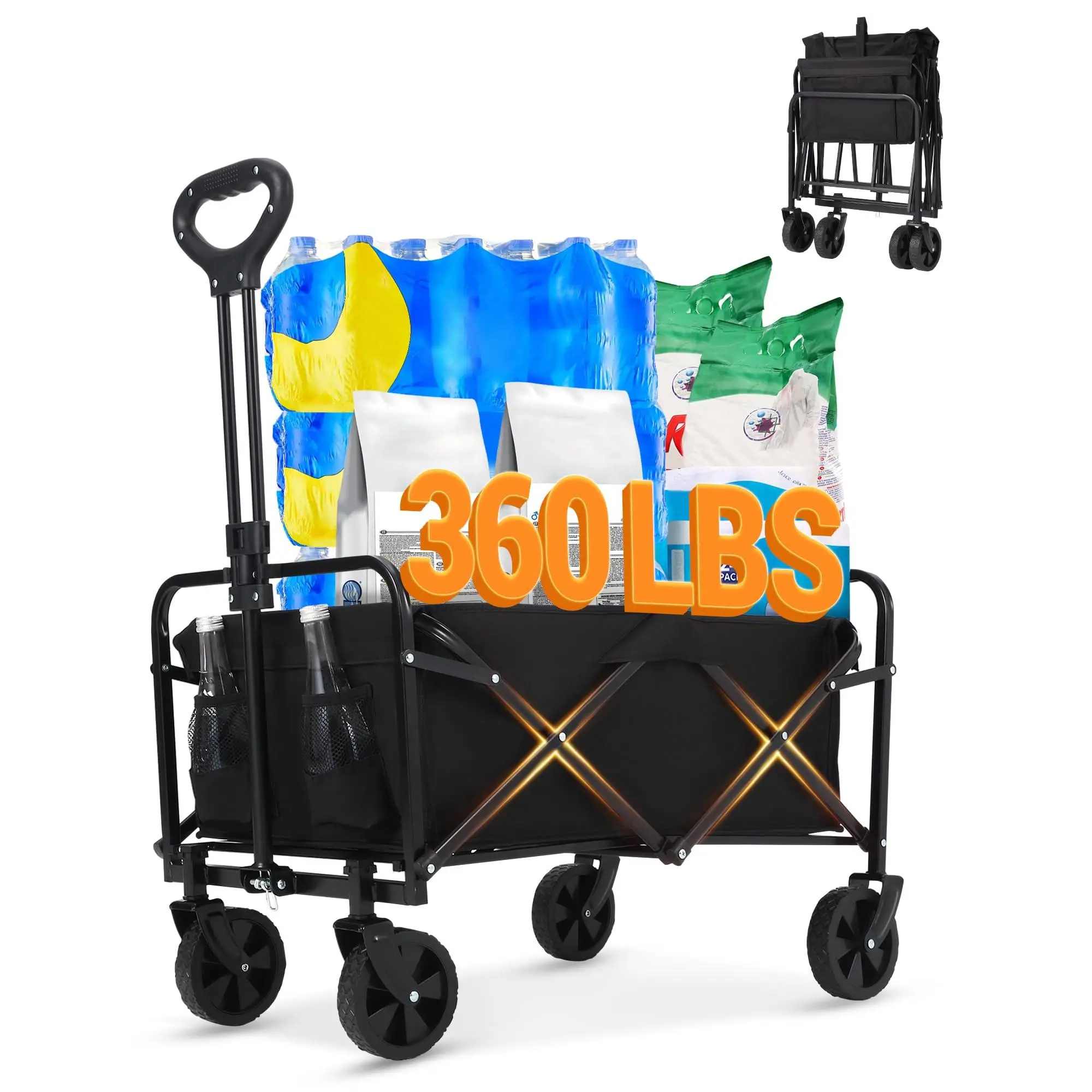 GARVEE 360LBS Heavy-Duty Folding Wagon Cart with Steel Frame, All-Terrain Collapsible Utility Cart Featuring Drink Holders, Ideal for Beach, Camping, Gardening, and Grocery Use in Black