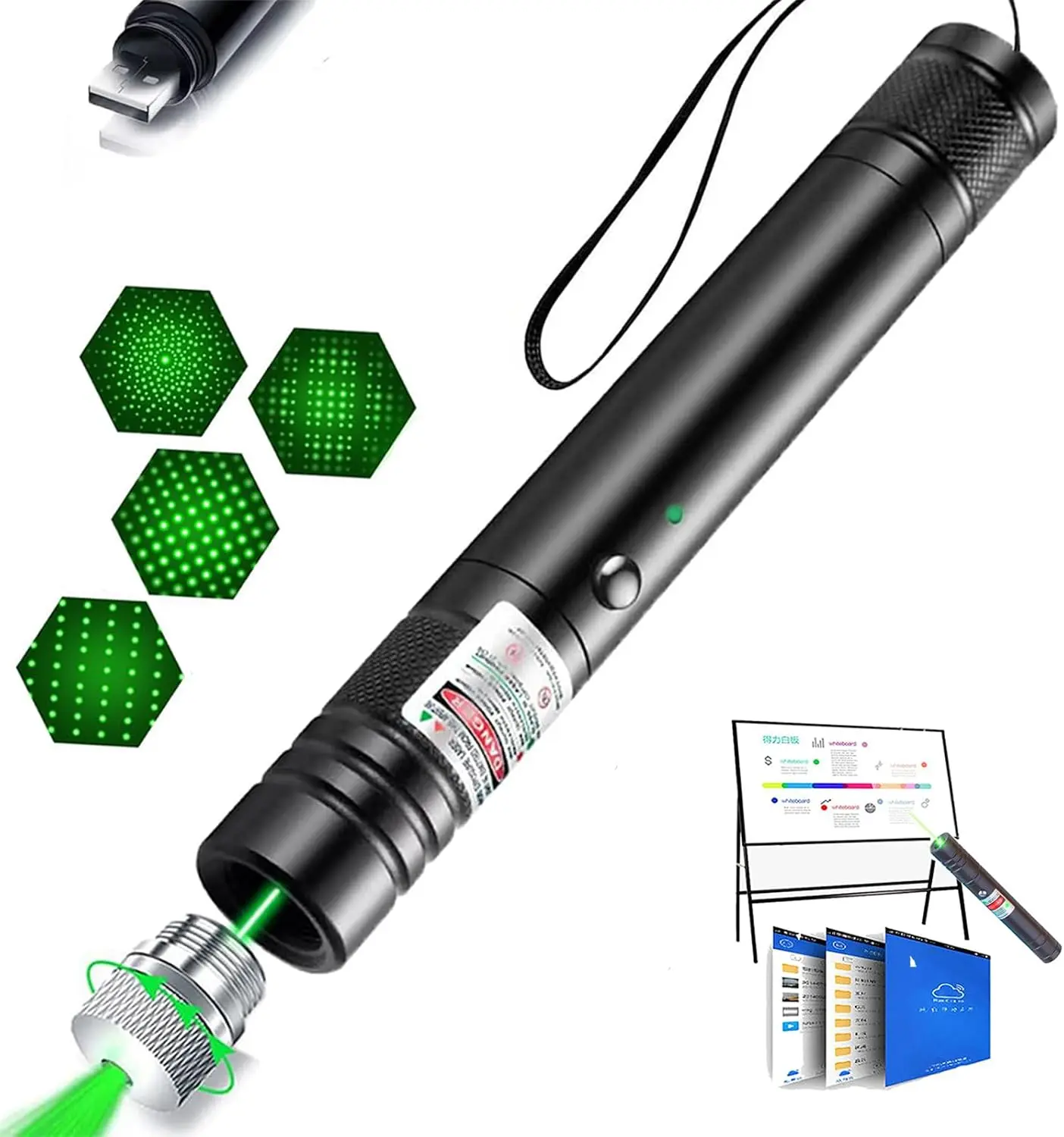 Rechargeable Aluminum Green Laser Pointer - Interactive Cat Toy, Long Range, Universal for TV/LED/LCD Screens, Tactical Use for Office Activities