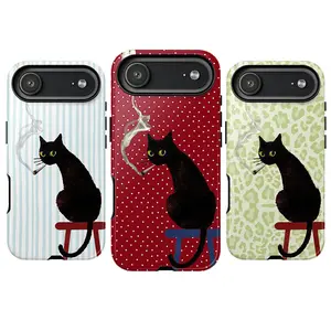Smoking Cat Stool Phone Case Trio, Black Cat Yellow Eyes Cigarette Curling Smoke Stripes Polka Dots Leopard Print Whimsical Retro Vibes, Play Now Aesthetic Gift, iPhone 16 15 14 13 12 11 Pro Max Plus X, Samsung Galaxy S25 S24 S23 S22 S21 Ultra
