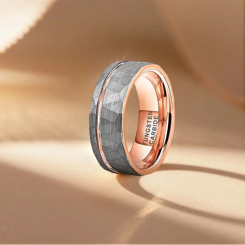 Elegant 8mm Unisex Tungsten Couple Ring - Polished Beveled Edge, Rose Gold Interior, Scratch-Resistant Comfort Fit, Round Band, Minimalist Simple Design, Wedding/Anniversary Jewelry, Metal Coating, Tungsten Rings for Women