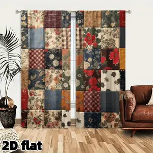 2D Flat 2Pcs Vintage Patchwork Curtains Floral Pattern Country Style Farmhouse Window Drapes Red Blue Plaid Fabric Panels Home Decoration Curtain Semi Sheer Polyester Fiber for Living Room Bedroom Kitchen Dining Home Decor Treatment Washable