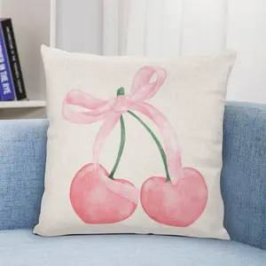 1pc Bohemian Cherry Pink Bow Pillowcase - Double-Sided Floral Cushion Cover with Zipper Closure, Soft Pink & Green Cherry Design, 14x14/16x16/18x18/20x20 Inch