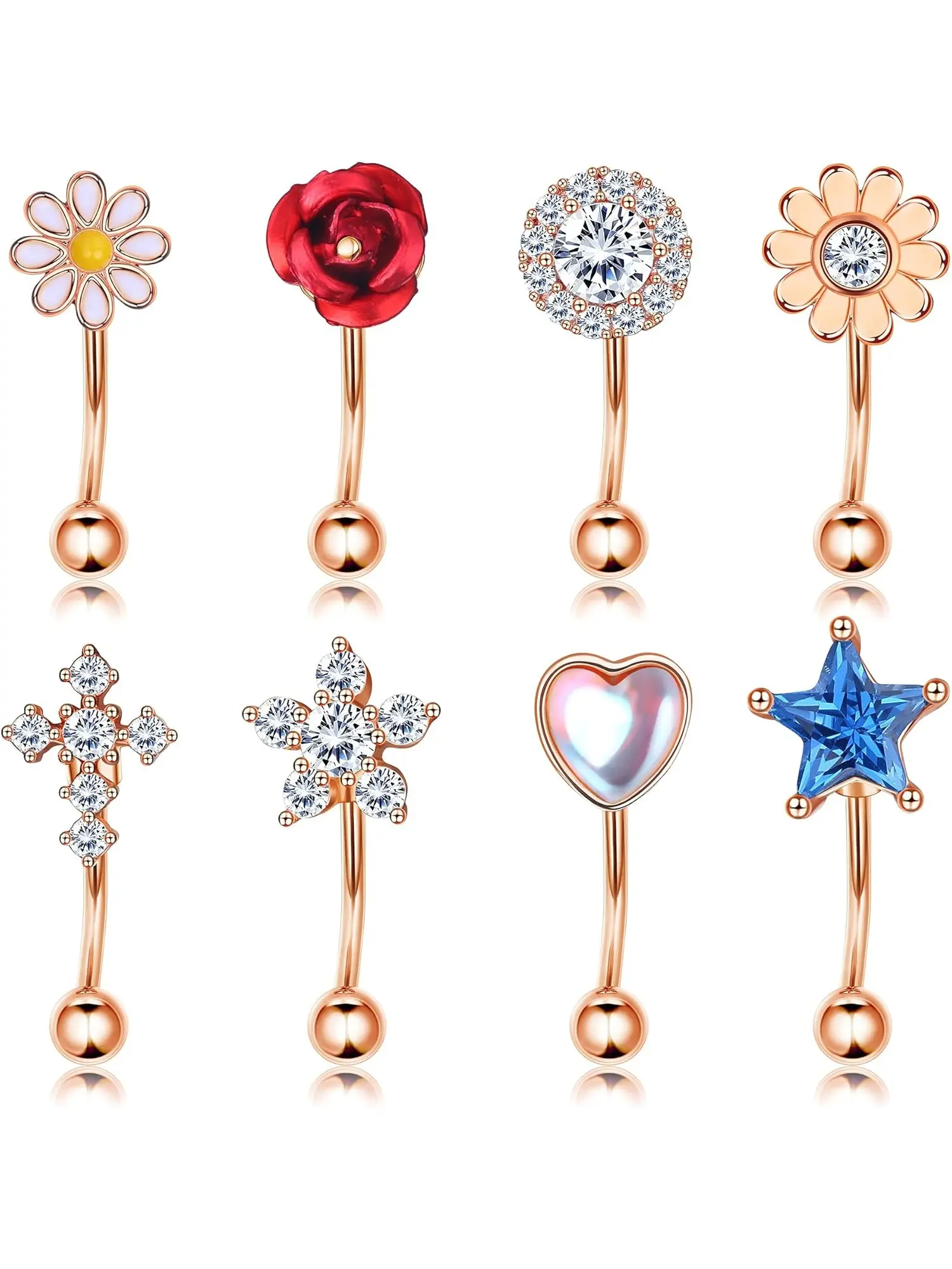 Diverse 8 Pcs Rose Golden Eyebrow Rings Elegant 16G Surgical Steel Rook Piercing Jewelry for Women Men Shining CZ Curved Barbell Belly Ring Helix Pierced Ring Daith Earrings Tragus Helix Piercings Set Body Jewelry
