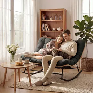 Two Size Single&Double Reinforced Steel Patio Rocking Chair – Weather-Resistant Rattan, UV-Proof Cushion, 450 lbs Capacity, Tool-No Cost Assembly, Sturdy Rubber Wood Legs, Side Pocket, Ideal for Indoor and Outdoor Use, Beige&Grey