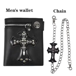 Crucifix Wallet Chain Mens Gothic Cross Clasp Black Leather Wallet with Anti-Theft Biker Chain Man Zipper Purse