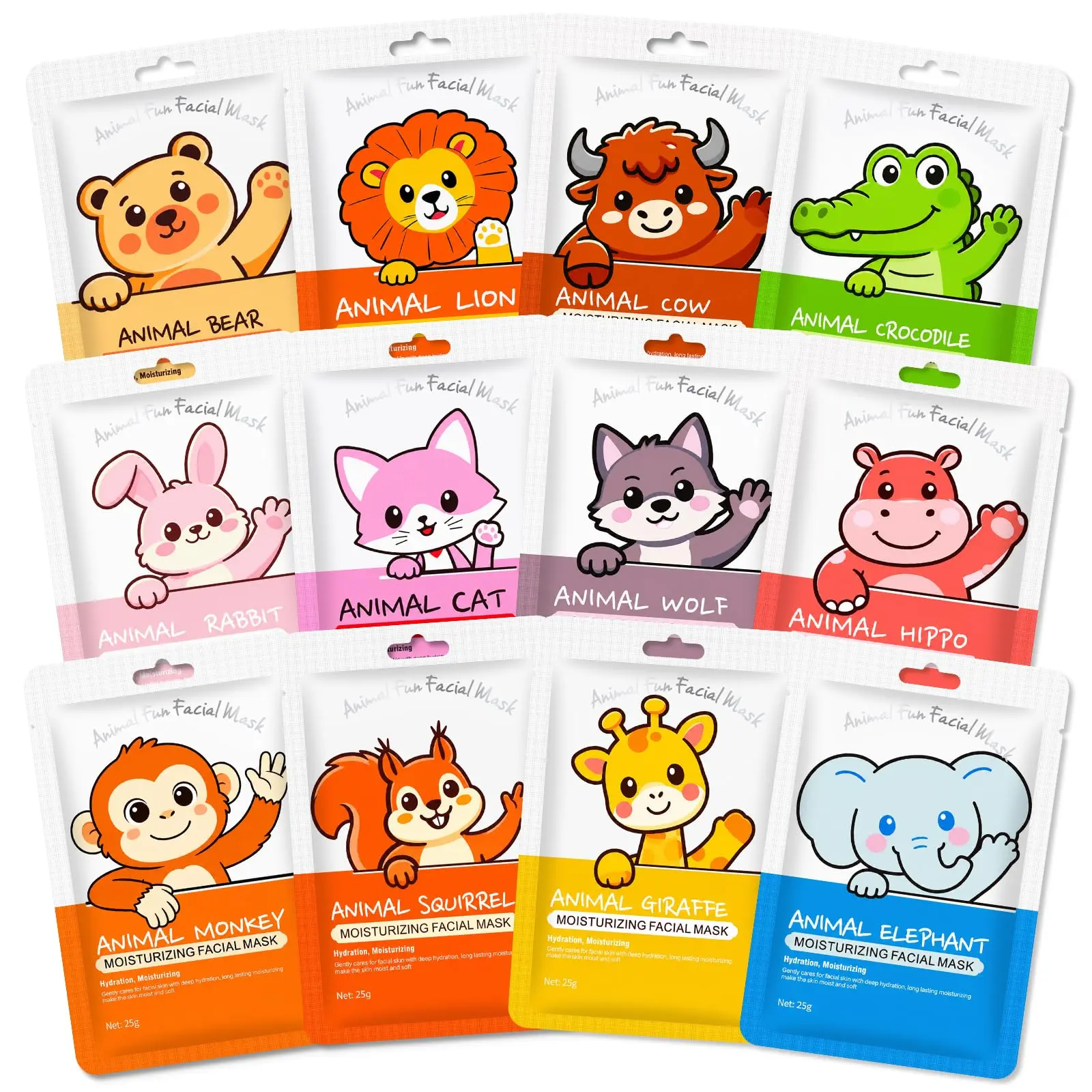 12-Pack Unscented Cute Animal Pure Cotton Facial Sheet Masks - 12 Cartoon Styles, Hydrating, Moisturize & Lock Moisture, Skin Repair, Unisex for All Skin Types, Slumber Party Favor