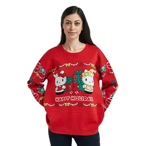Hello Kitty & Mimmy Happy Holidays Women's Red Crew Neck Long Sleeve Oversized Sweater Small