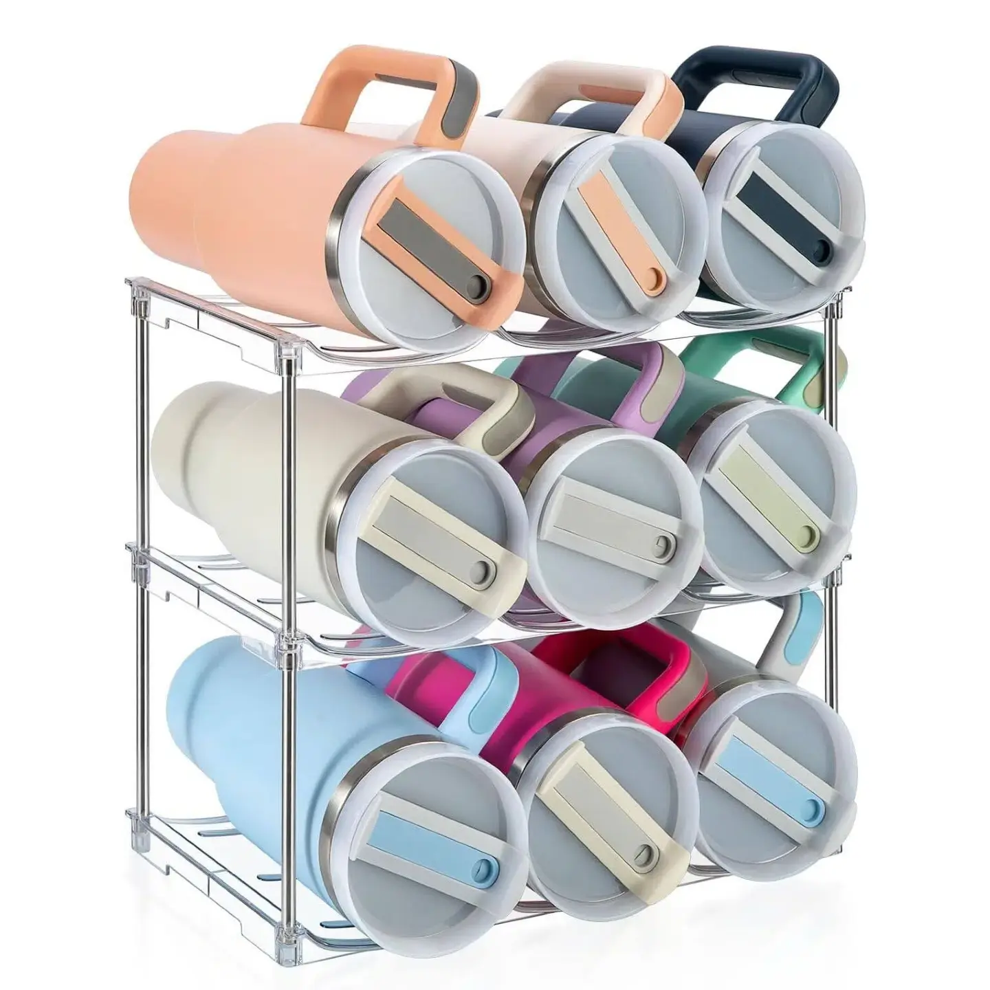 Stackable Water Bottle Organizer for Stanley 40 oz Tumbler, Multi-Purpose Plastic Drink Bottle Storage Rack, Space Saving Holder for Fridge, Kitchen Cabinet, Countertop & Wine Bottle Organization