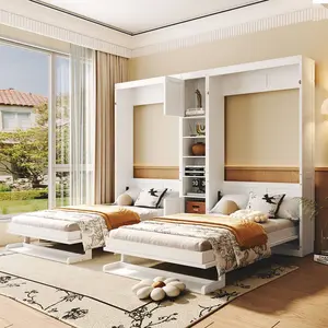Dual Twin size Wall Murphy Beds with Cabinets and Shelves, White