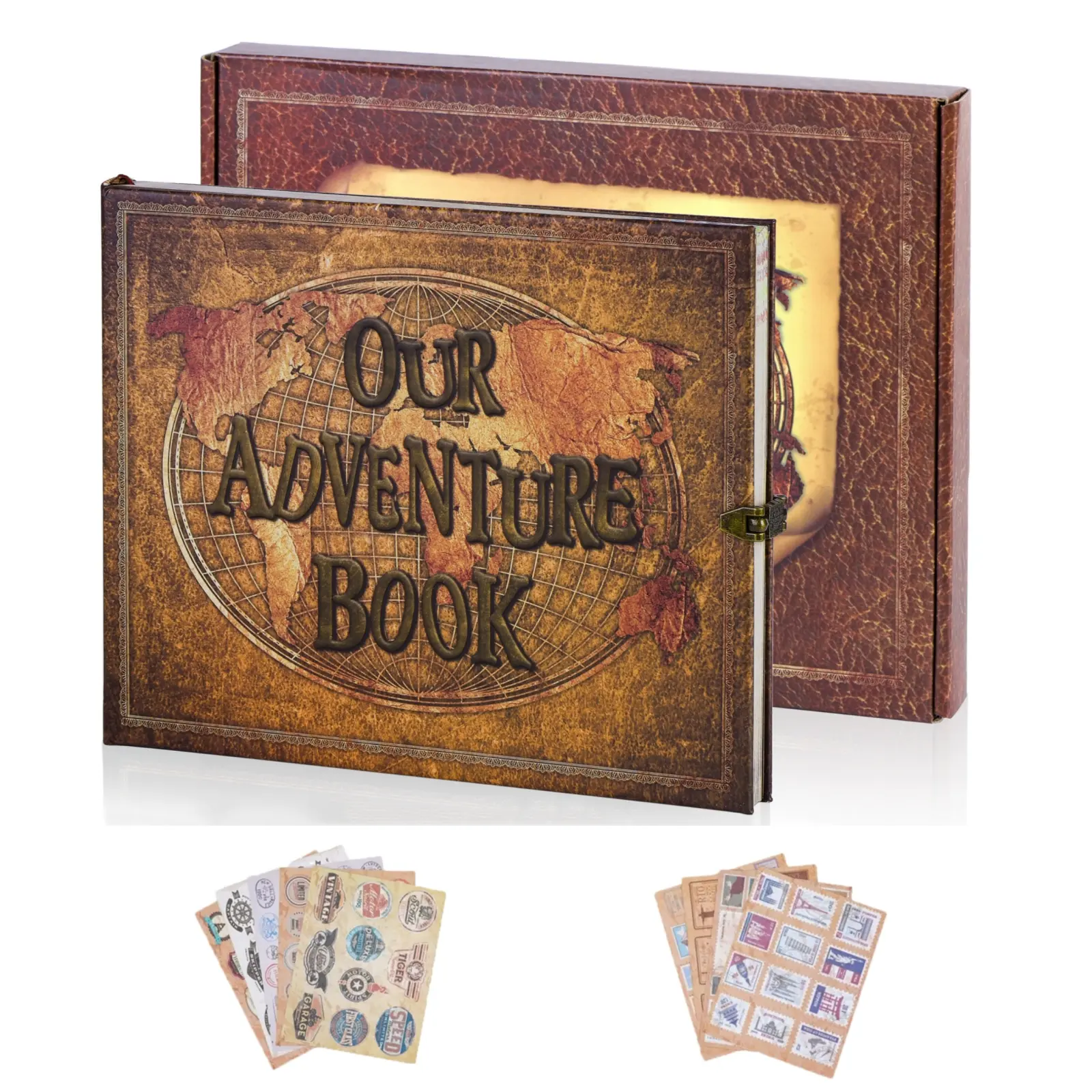 Our Adventure Book 180 Page Clipbook Album, 10.2 * 8.1 * 0.9 Inch Vintage Embossed Letter Cover Self Adhesive Album, Suitable For Valentine's Day, Christmas, Thanksgiving Gift, Anniversary, Travel, Wedding, Photo Storage, Couple Memory Book.
