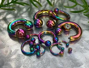 1 Piece Unique Rainbow Titanium Anodized Circular Barbell Horseshoe Ring - 18g thru 2g with Assorted Internal Diameter and Ball Size!!