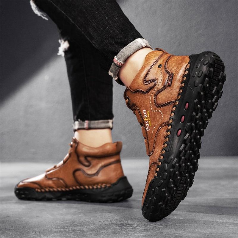 Men's Casual Sneakers, Retro Hand-Stitched High-Top Shoes, Leather Ankle Boots, Comfortable Walking Shoes with Round Toe, Flat Heel and Rubber Outsole for Outdoor Hiking, Urban Commuting, Work, Travel and Everyday Wear