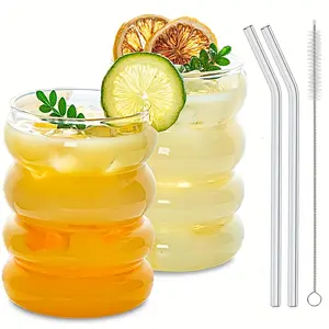 2pcs 12oz Novelty Wavy Cute Glass Cups, Glass Cup Set, Packaged in Pearl Box, with Straw, Cleaning Brush, Coffee Cup, Juice Cup, Smoothie Cup, Party Cup, Wine Glass, Glassware, Gift for Someone Special, Glass Creative Cup, Glass Drinking Cup