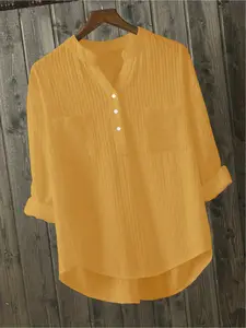 Japanese minimalist vertical striped cotton and linen shirt with multiple colors available. Stand up collar, half open collar, loose top, versatile for commuting, daily use, breathable, versatile, casual shirt