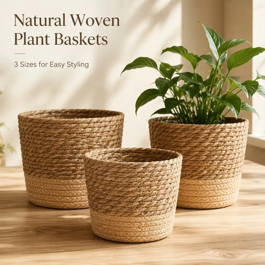 Three-Piece Handwoven Round Rustic Flower Pots, Decorative Flower Pot, Flower Planters, Ideal for Small and Medium Plants, Perfect for Indoor and Outdoor Decor
